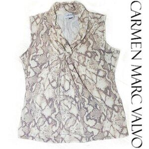 Carmen Marc Valvo Sleeveless Snake Print Blouse Size M Beige/Brown